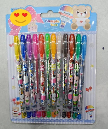 Set of colorful pens with cartoon designs on a blue packaging background