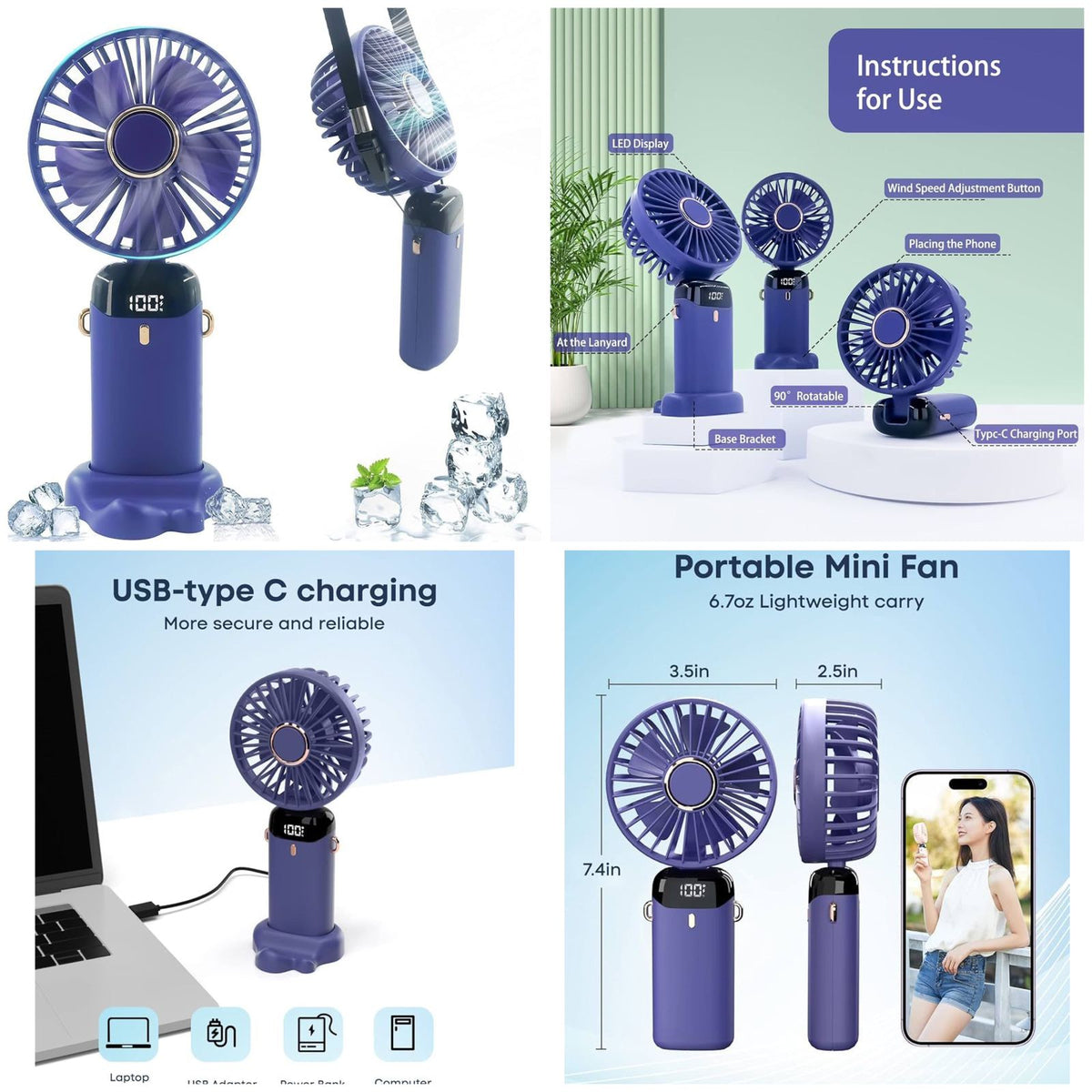 5-in-1 portable rechargeable mini fan with digital display