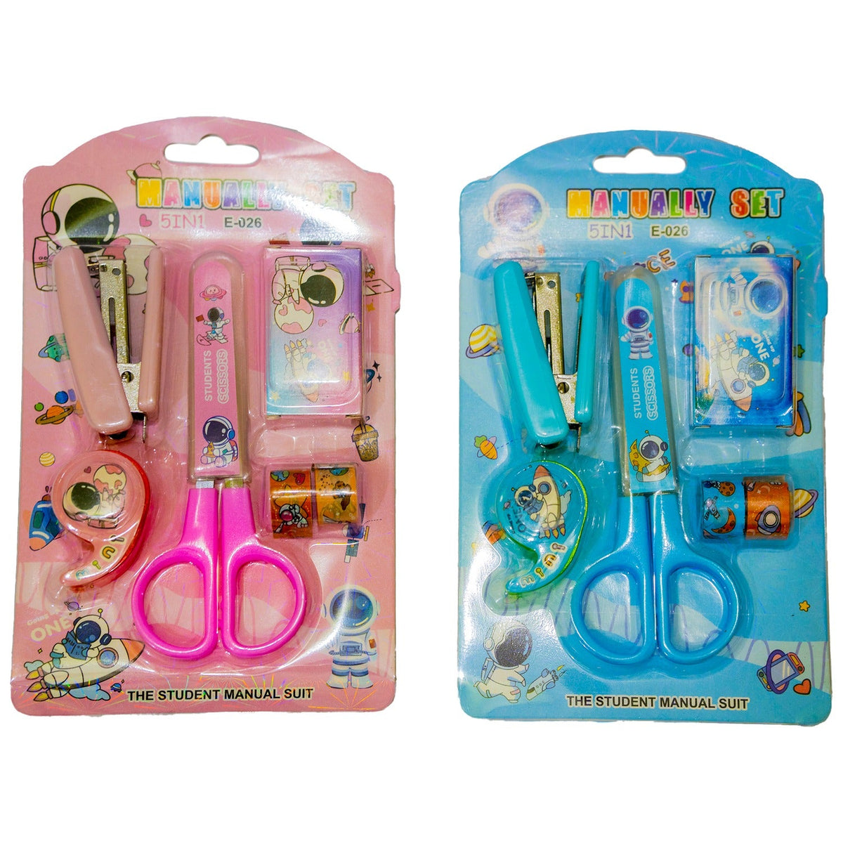Two sets of stationery items in pink and blue packaging on a white background